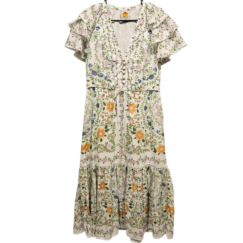 Farm Rio Folk Floral Off-White Midi Dress Short Tiered Sleeves Tie Waist  Medium
